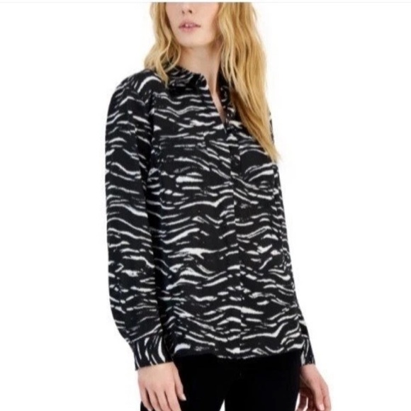 I.N.C. International Concepts Black & White Zebra Animal Print Blouse Size L - Picture 2 of 9